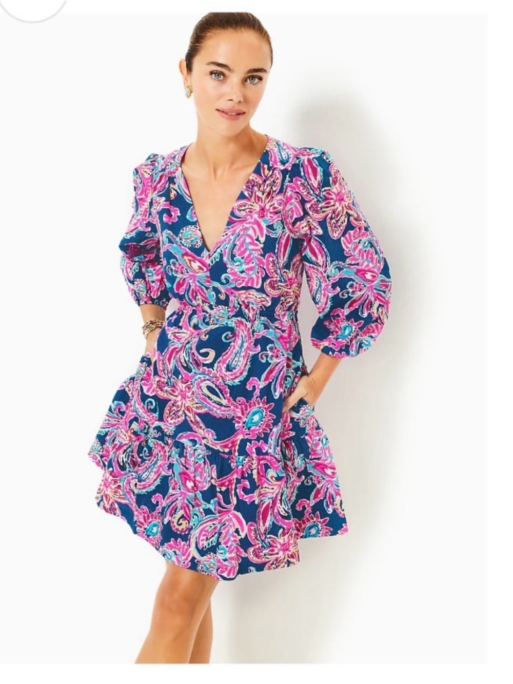 Lilly Pulitzer Deacon 3/4 Sleeve Navy Blue Pink Paisley Mini Dress. NWT